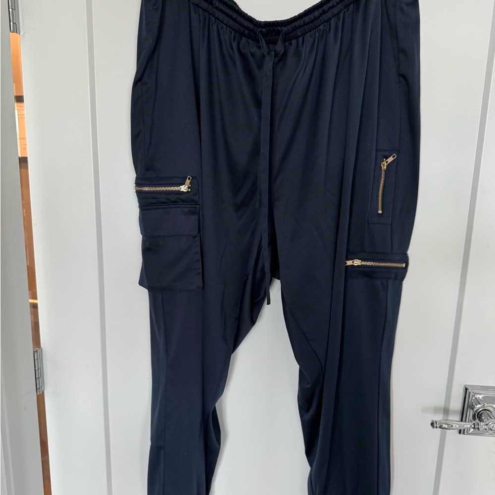 Satin Livi Active Navy blue Joggers with Gold Zipper accents